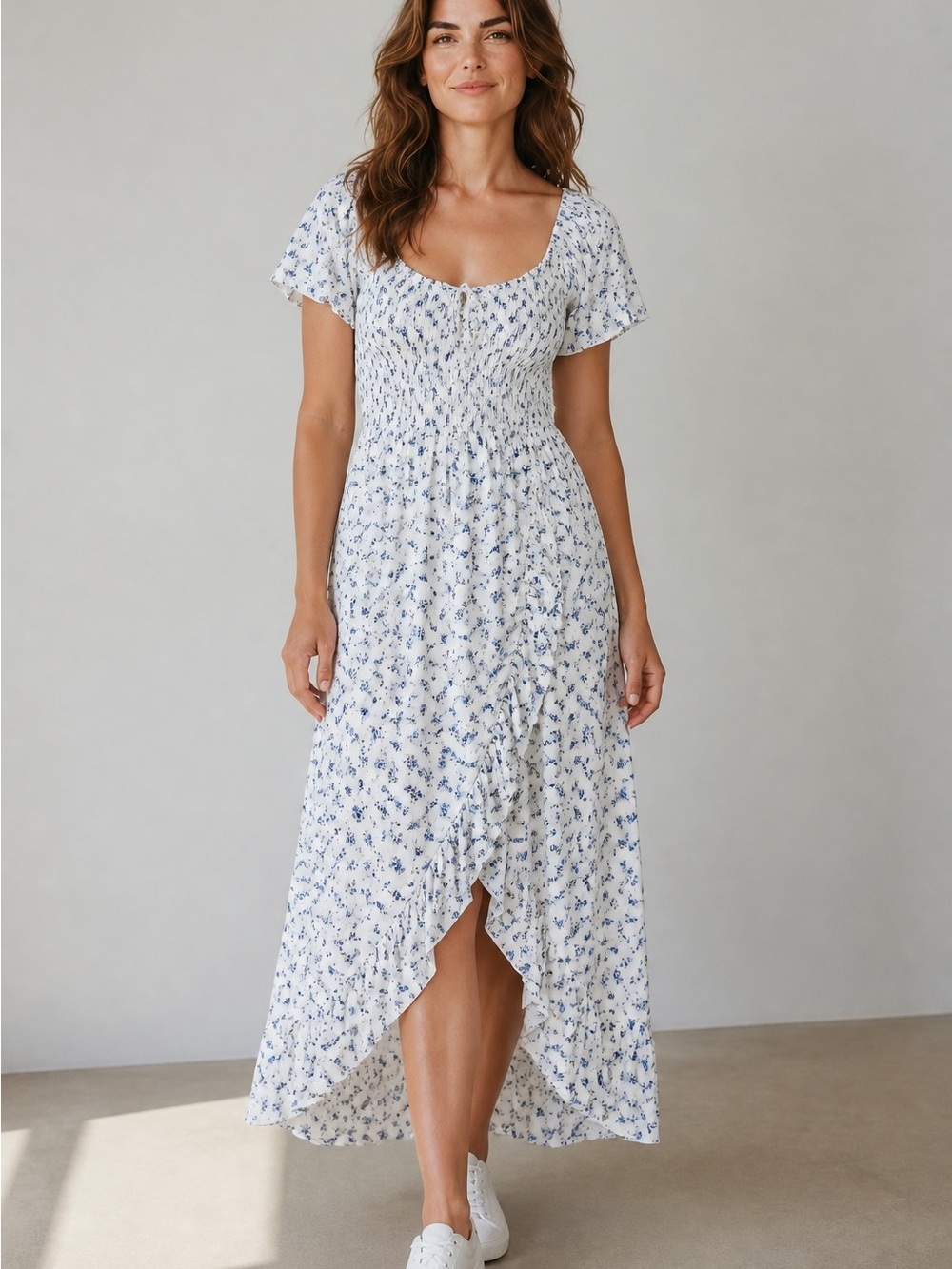 Source Unknown White Maxi Dress with Blue Floral Print